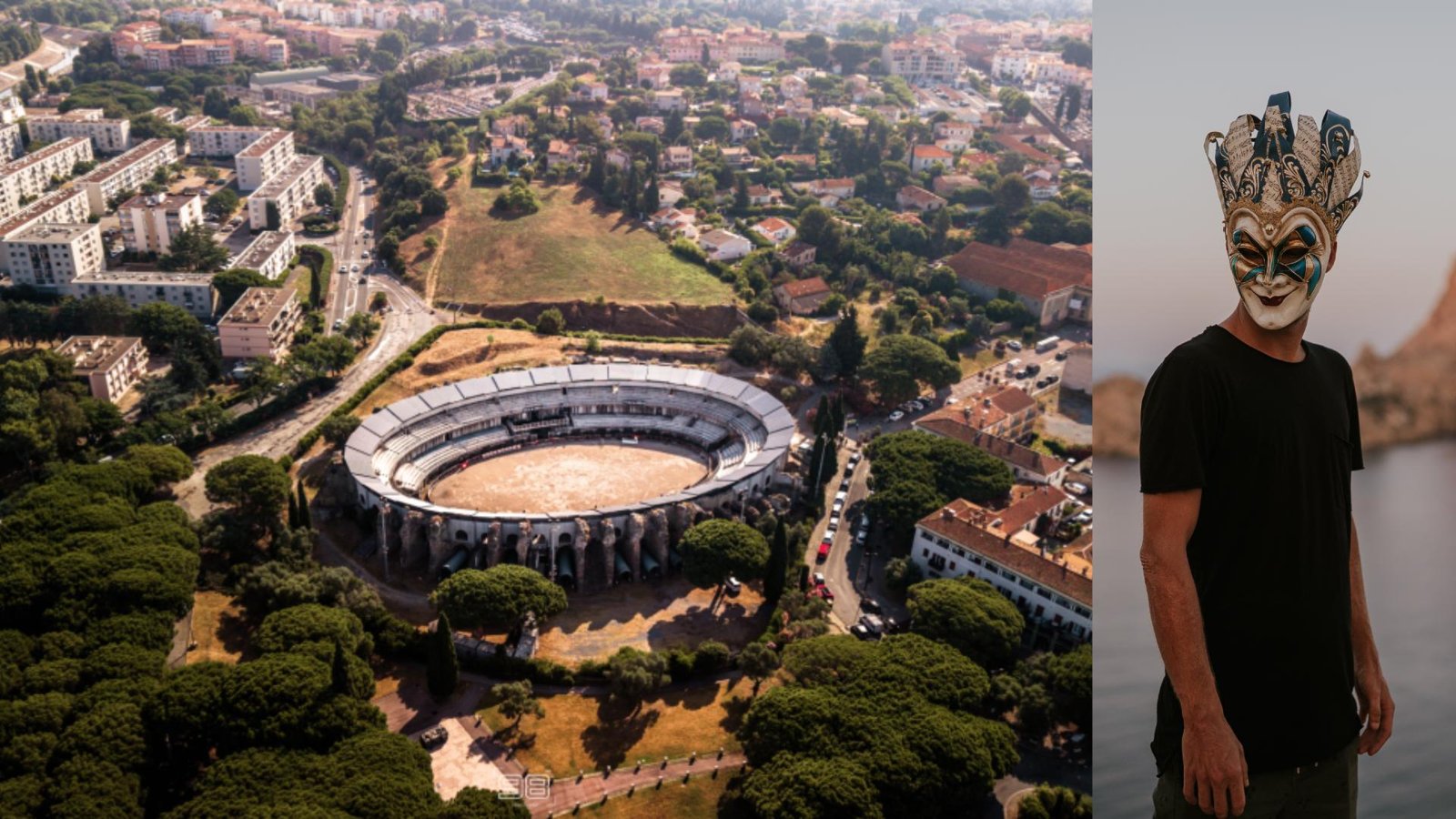 Aerial view of the Arènes de Fréjus and Boris Brejcha wearing his mask