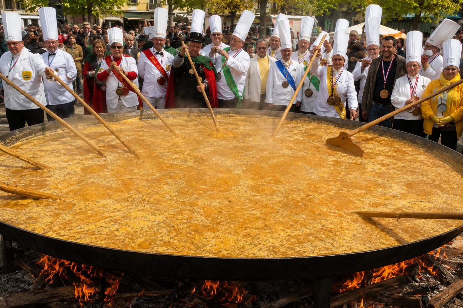 The guild cooks the giant omelette of Fréjus in a pan several metres wide, over a wood fire